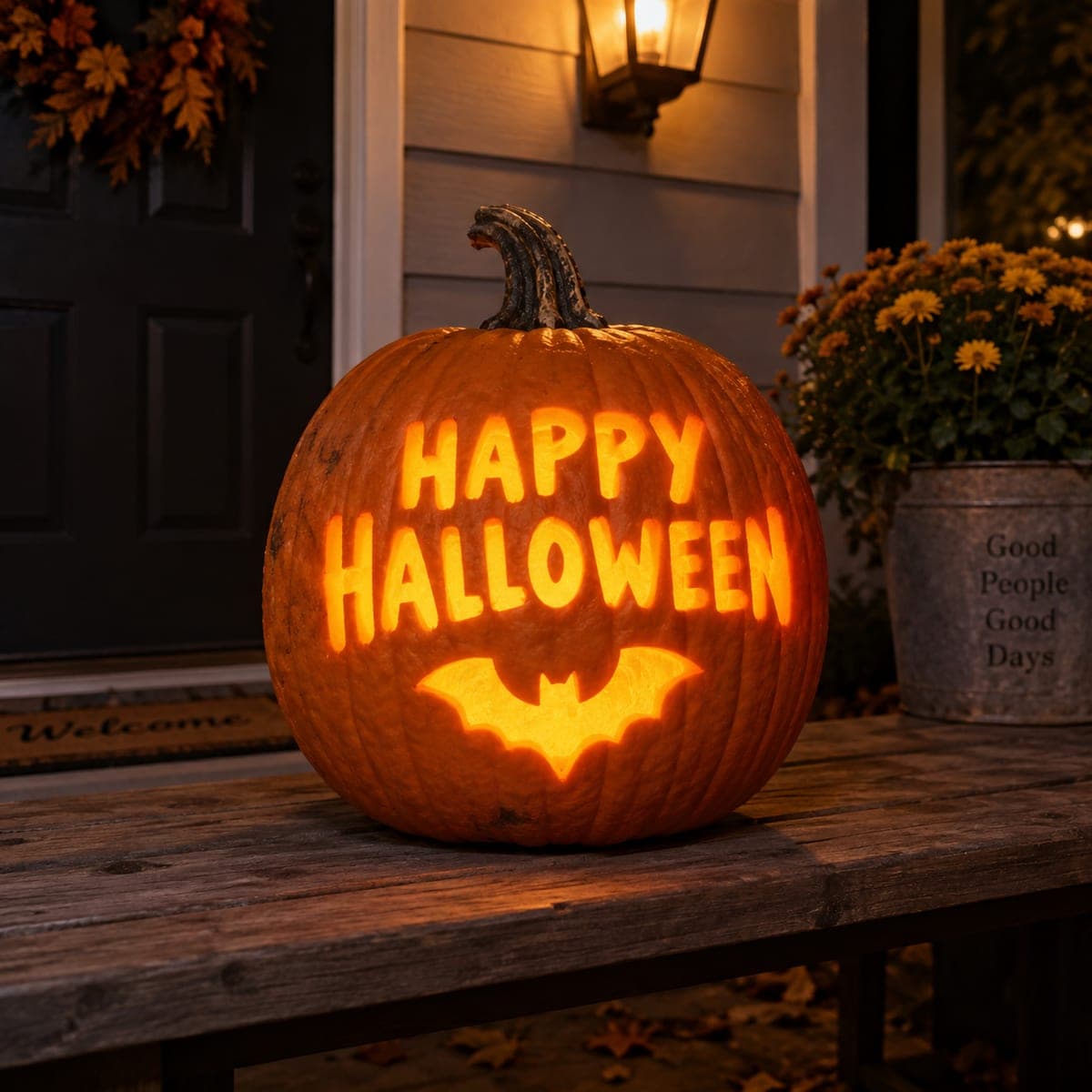 Happy Halloween Glowing Letters Pumpkin with Bat