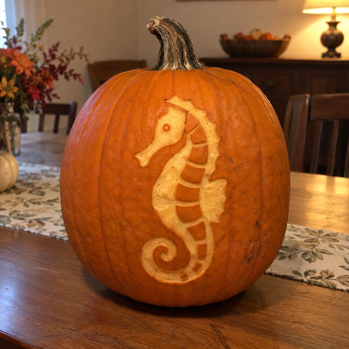 Elegant Seahorse Etched Pumpkin Carving
