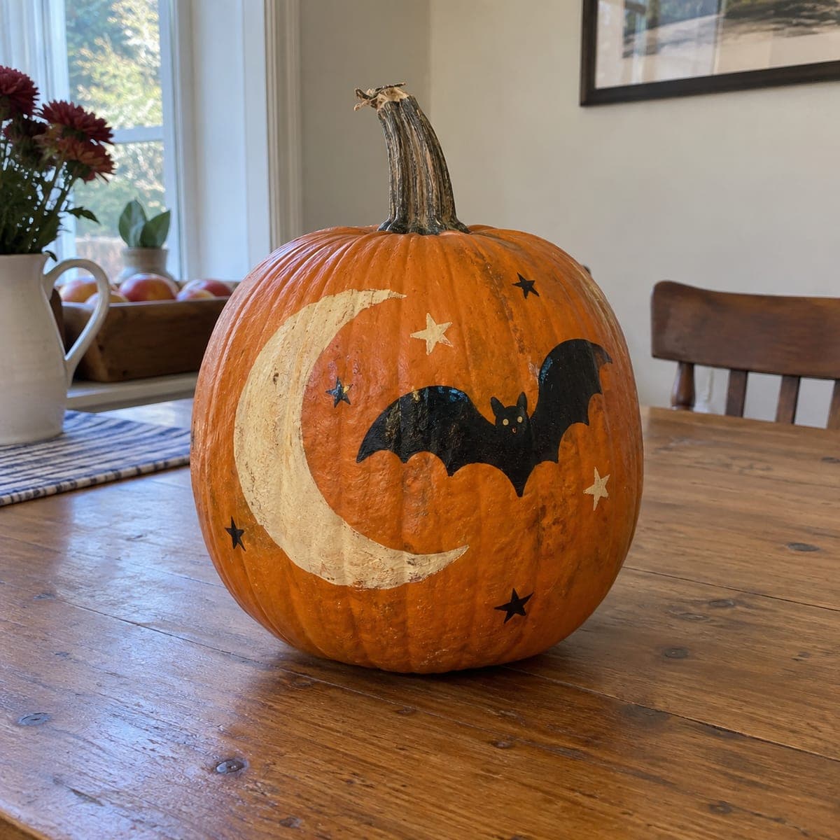 Folk Art Bat and Crescent Moon Painted Pumpkin