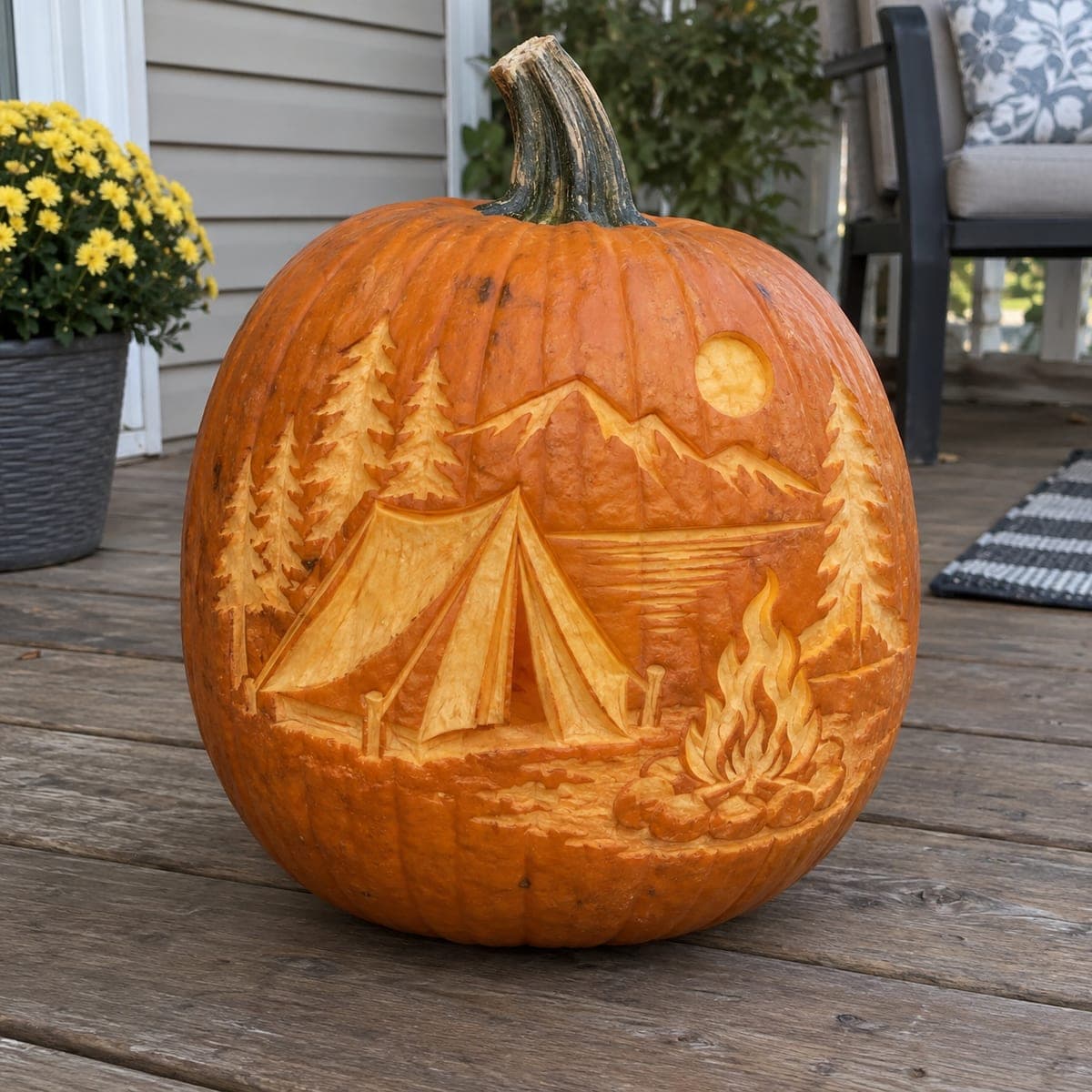 Mountain Campsite Scene Carved Pumpkin