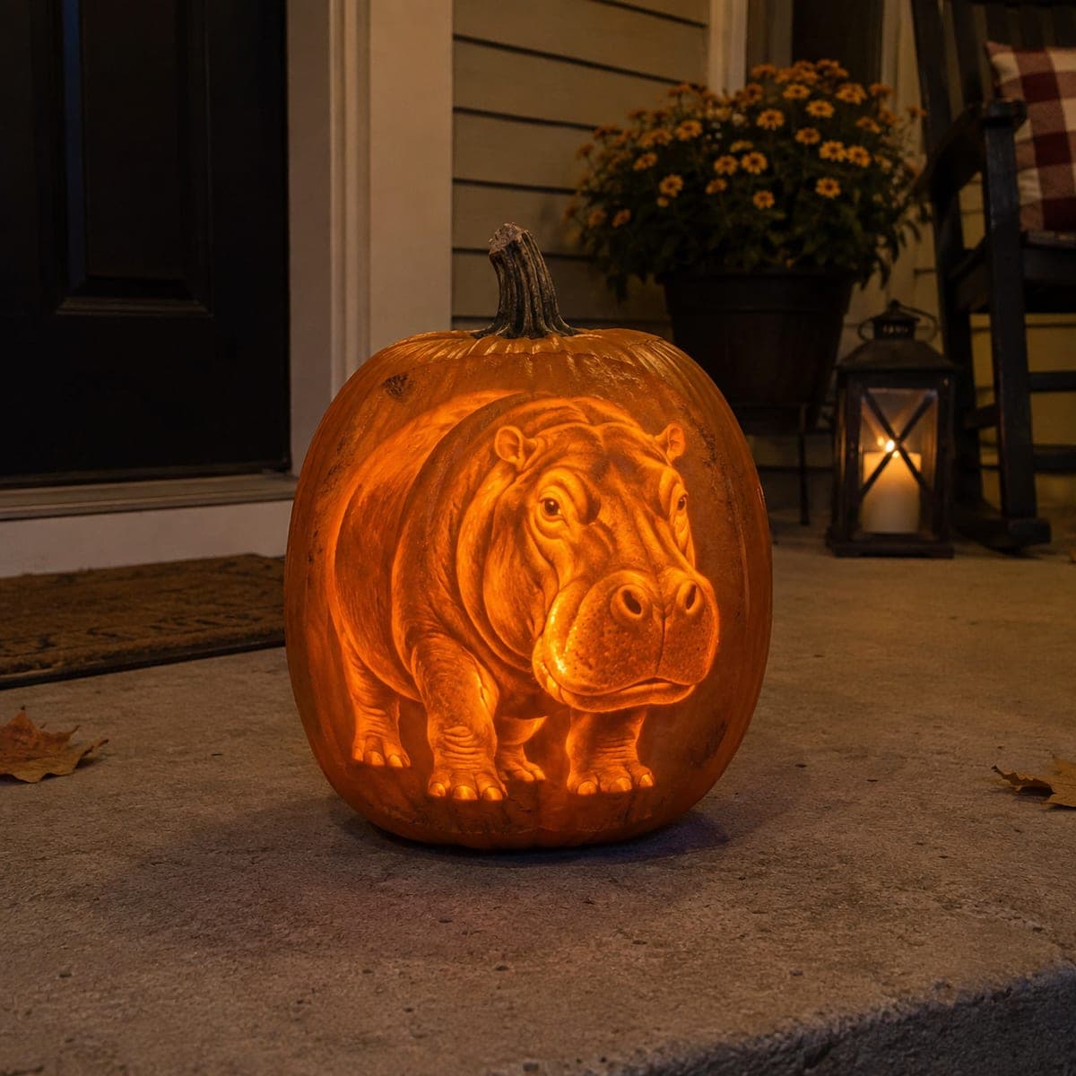 Baby Hippo Glowing Relief Carved Pumpkin
