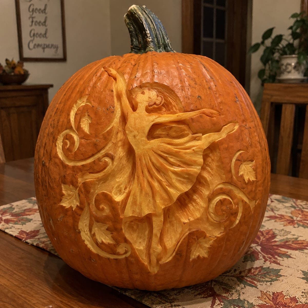 Dancing Ballerina Relief Carved Pumpkin with Swirls