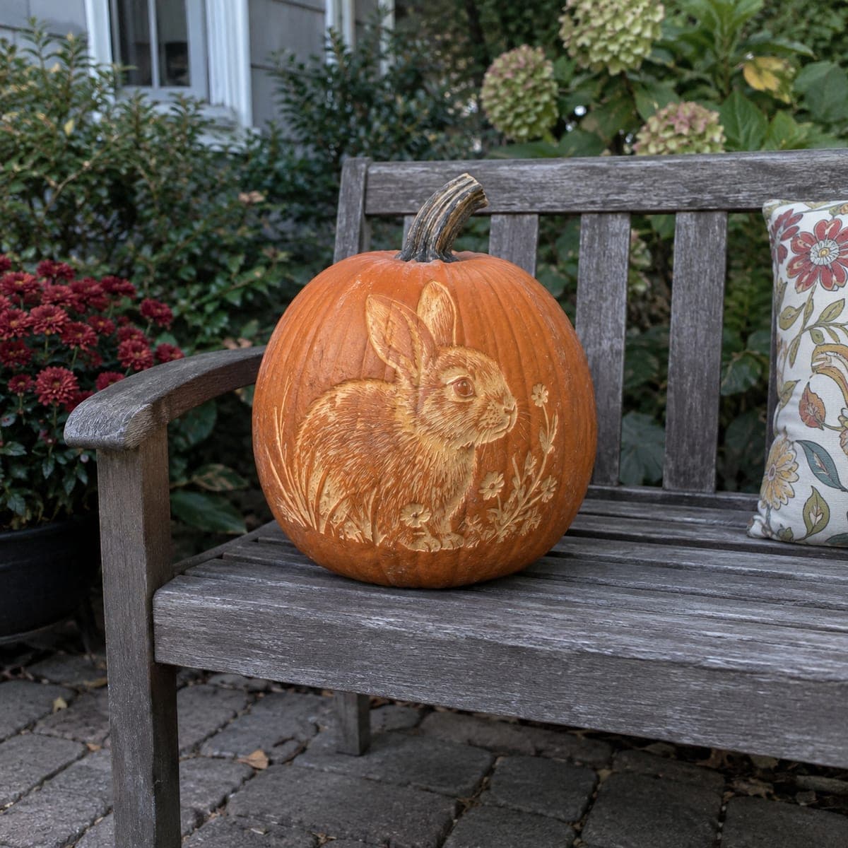 Cottontail Bunny Among Wildflowers Etched Pumpkin