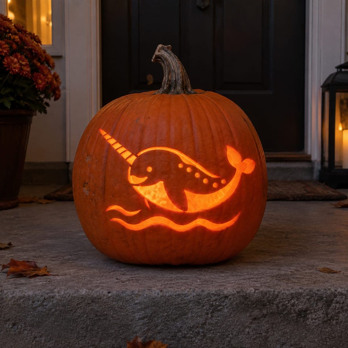Cute Narwhal Jack-O-Lantern with Ocean Waves
