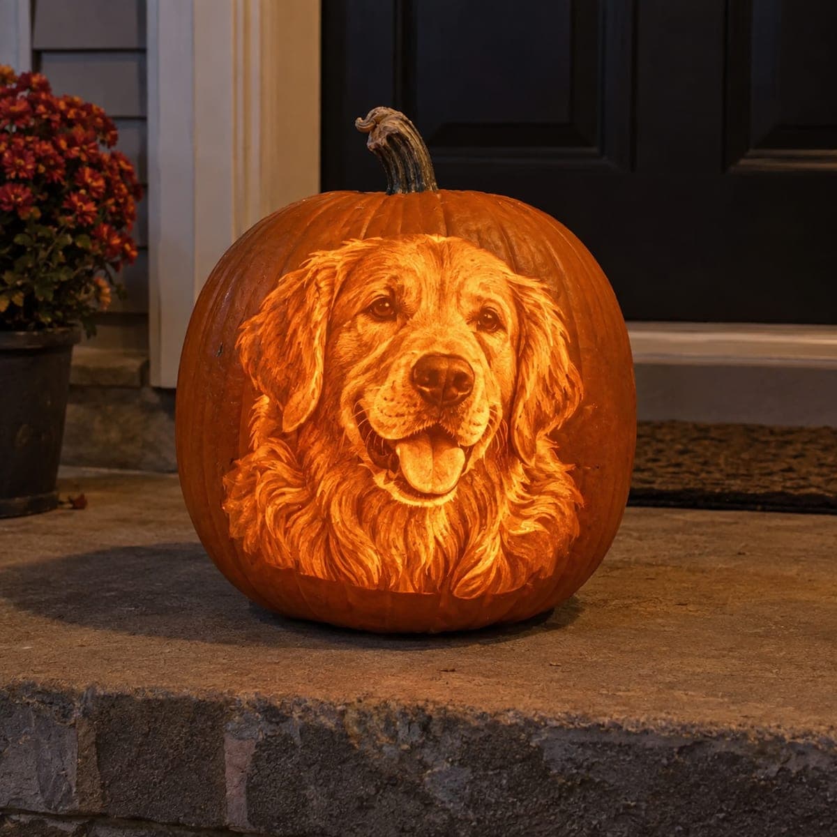 Golden Retriever Portrait Glowing Pumpkin Carving