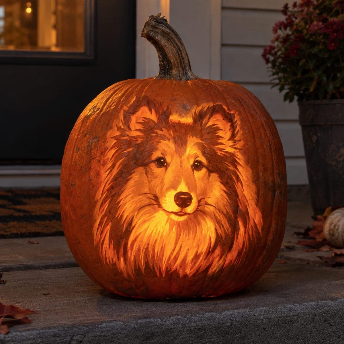 Shetland Sheepdog Glowing Pumpkin Portrait