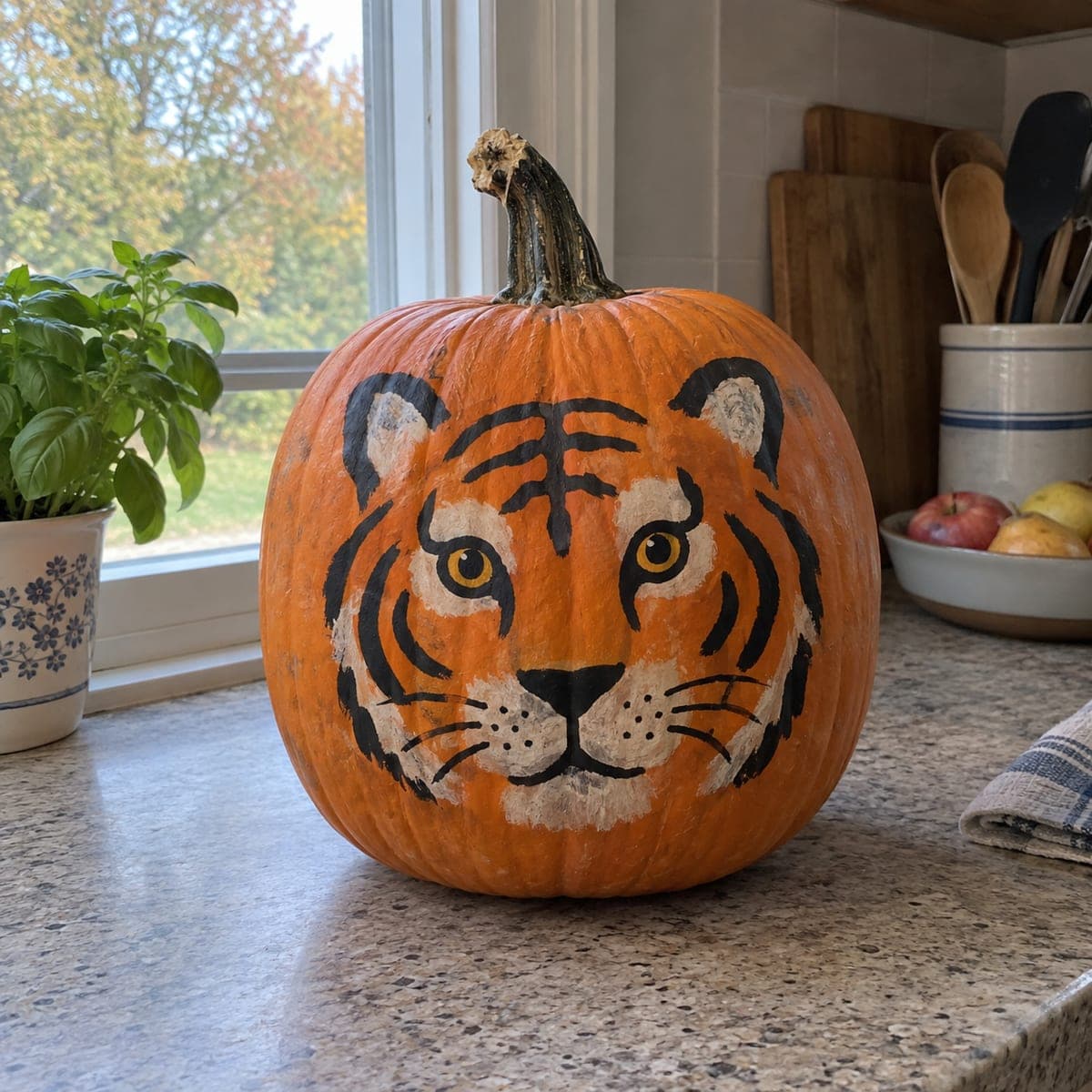 Bold Tiger Face Painted Pumpkin Idea