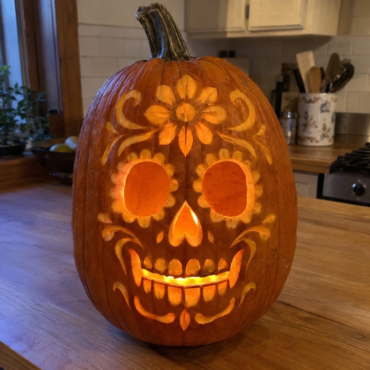 Sugar Skull Jack-O-Lantern with Floral Details