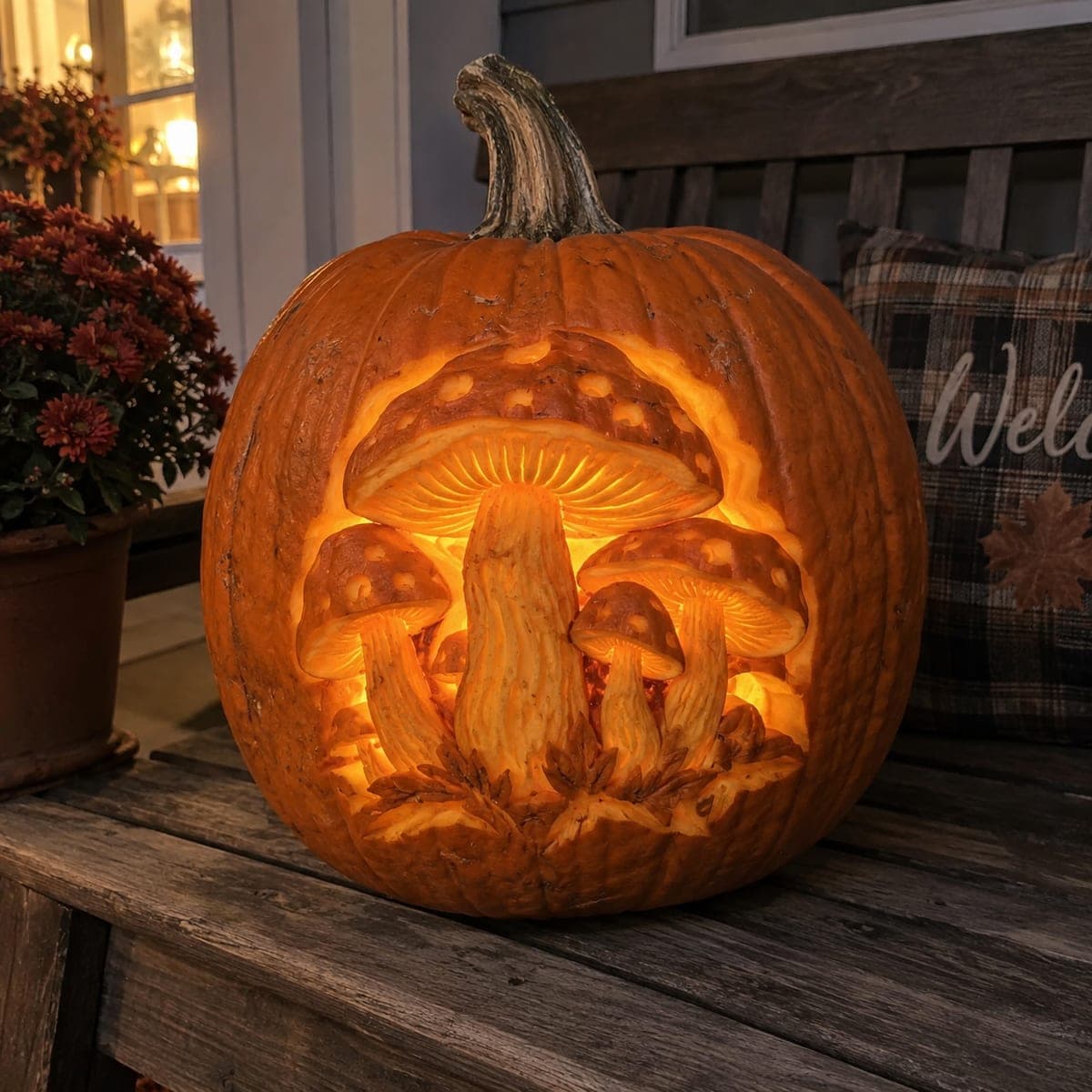 Enchanted Mushroom Cluster Relief Carved Pumpkin