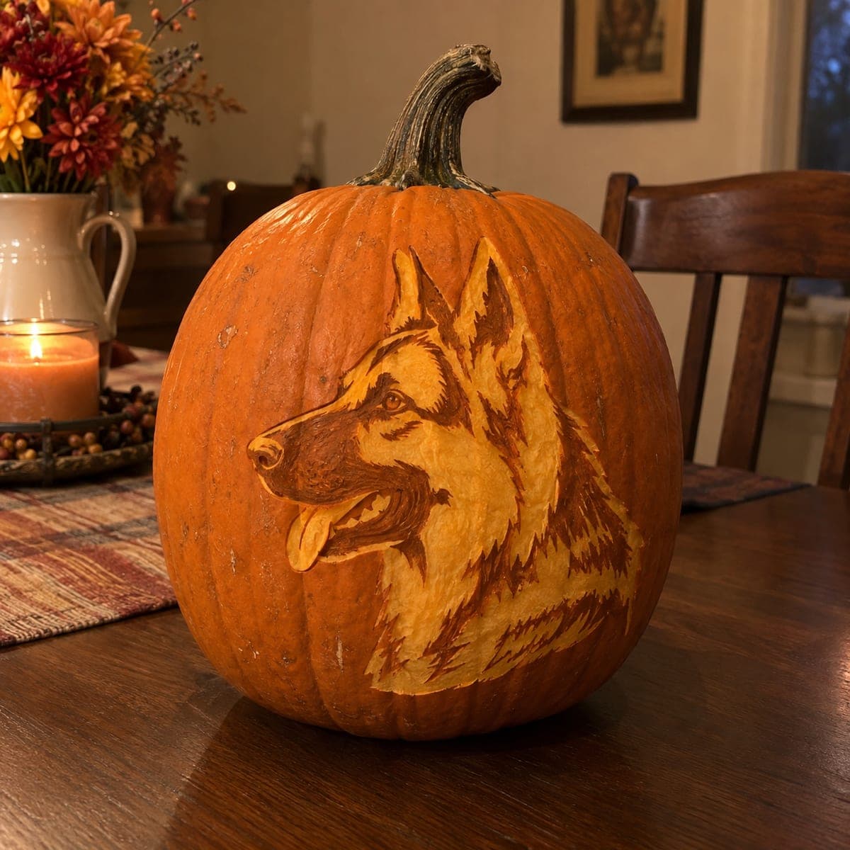 German Shepherd Profile Shaded Pumpkin Portrait