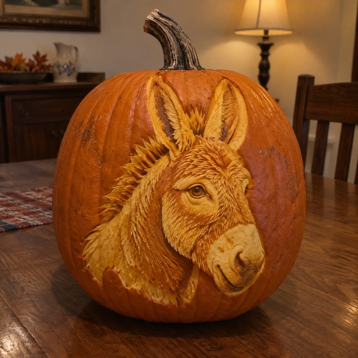 Detailed Donkey Portrait Relief Carved Pumpkin