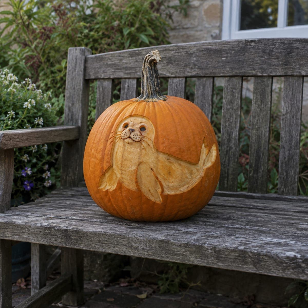 Playful Harbor Seal Carved Garden Pumpkin