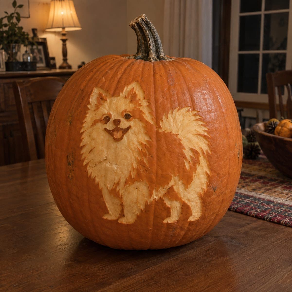 Fluffy Pomeranian Etched Pumpkin Portrait