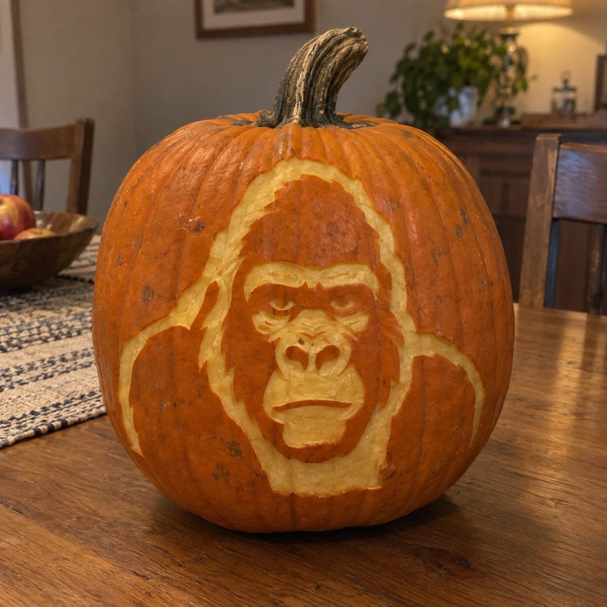 Gorilla Face Carved Pumpkin With Bold Outlines