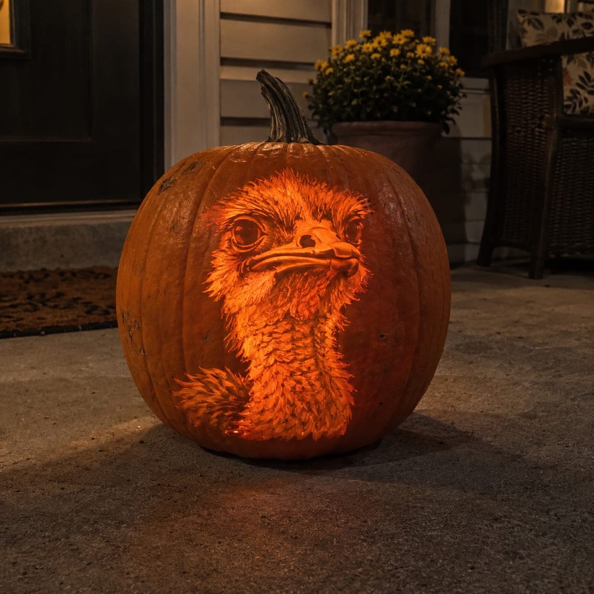 Curious Ostrich Portrait Glowing Etched Pumpkin