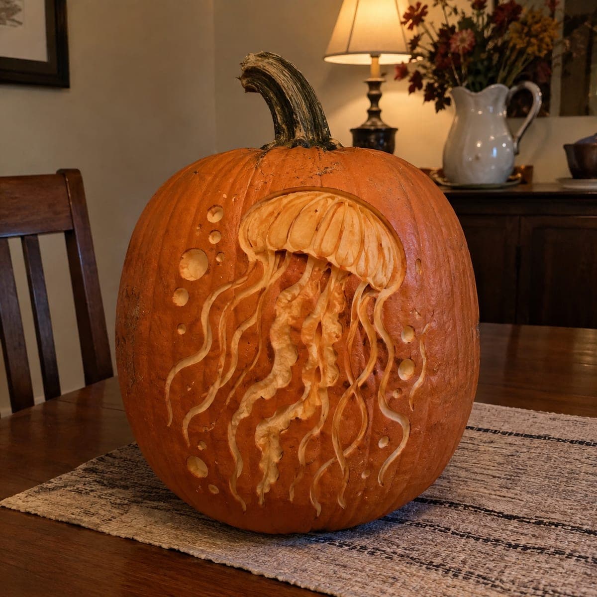 Drifting Jellyfish Etched Pumpkin With Bubbles