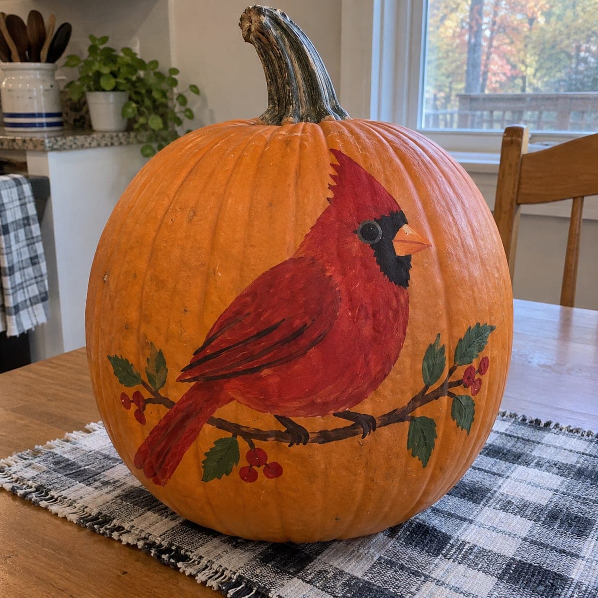 Red Cardinal on a Berry Branch Painted Pumpkin