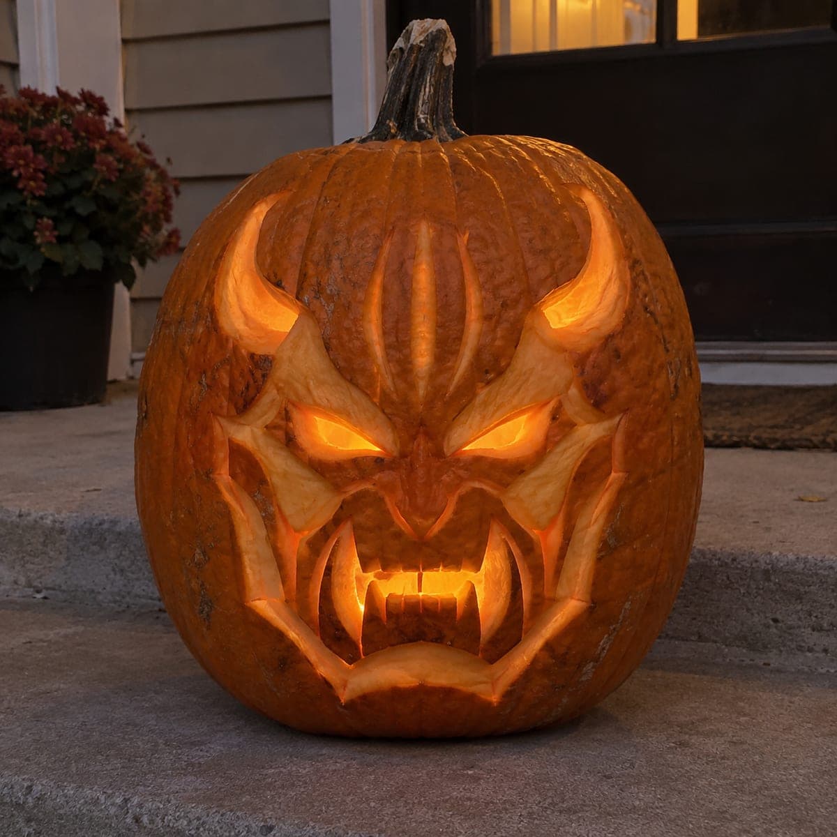 Horned Demon Face Sculpted Pumpkin Carving