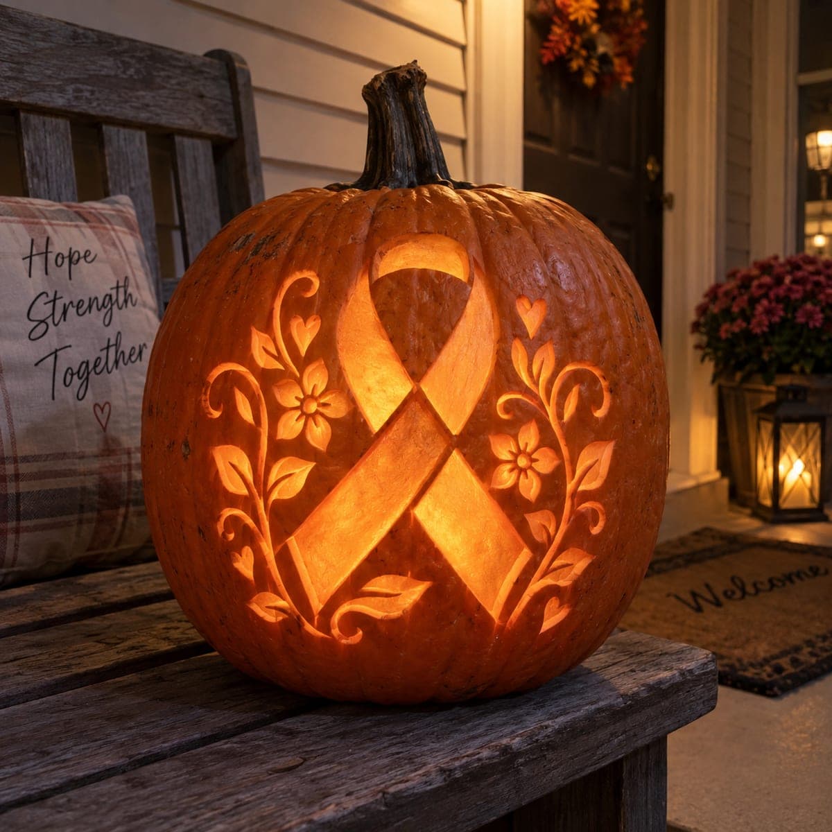 Awareness Ribbon Pumpkin With Floral Vines