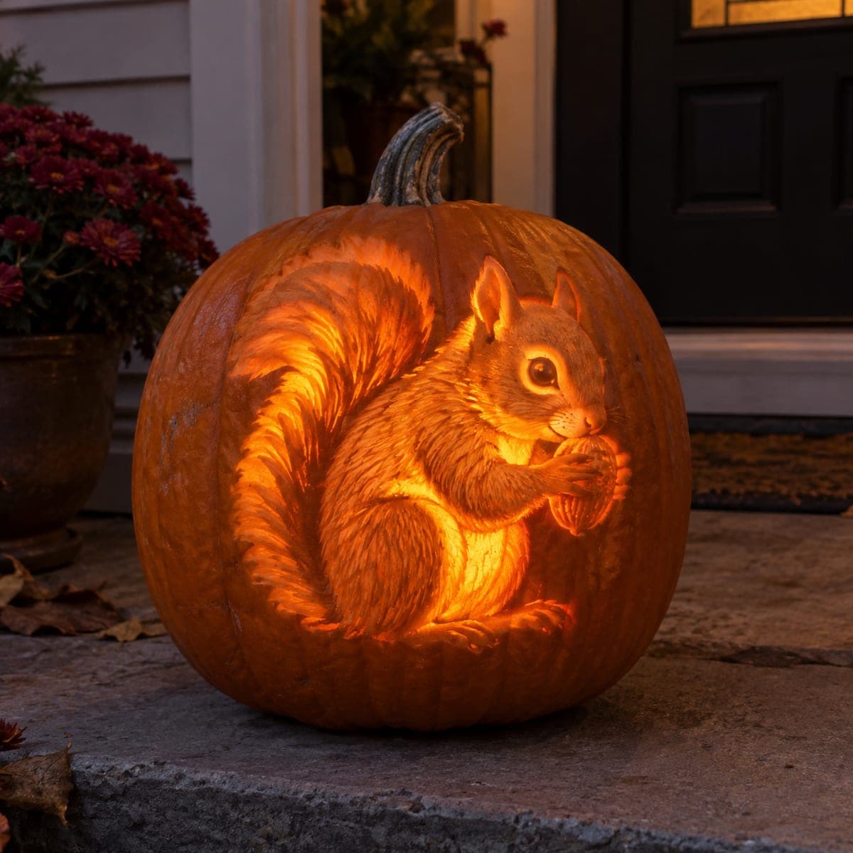 Squirrel Holding an Acorn Etched Pumpkin