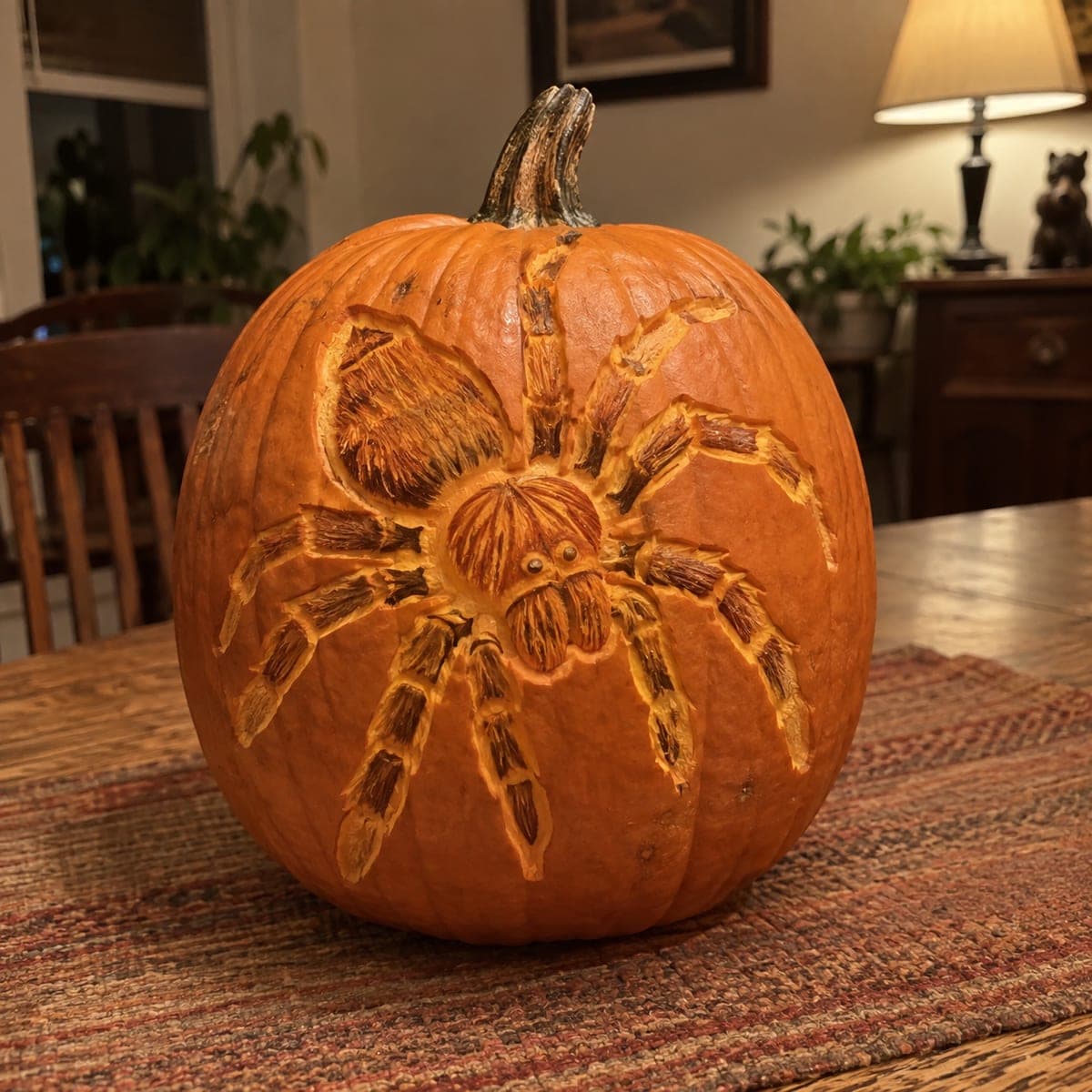 Hairy Tarantula Etched Pumpkin for Halloween