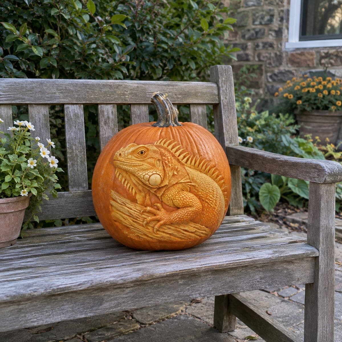 Sculpted Iguana on a Branch Pumpkin Carving