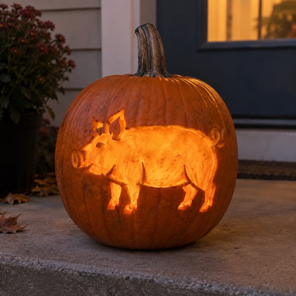 Farmhouse Pig Glowing Pumpkin Carving