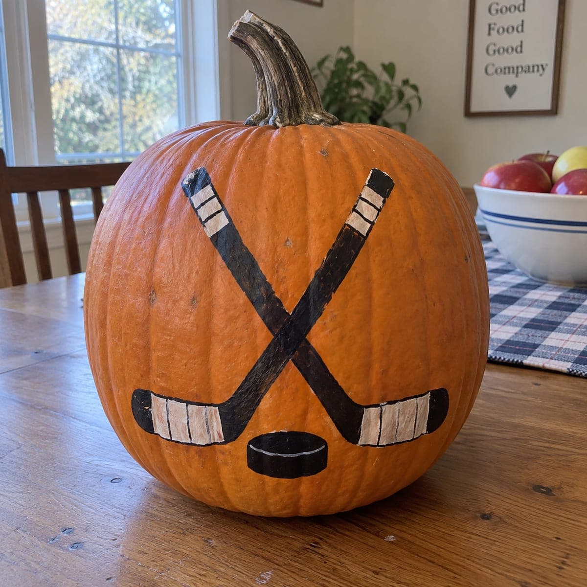 Crossed Hockey Sticks and Puck Painted Pumpkin