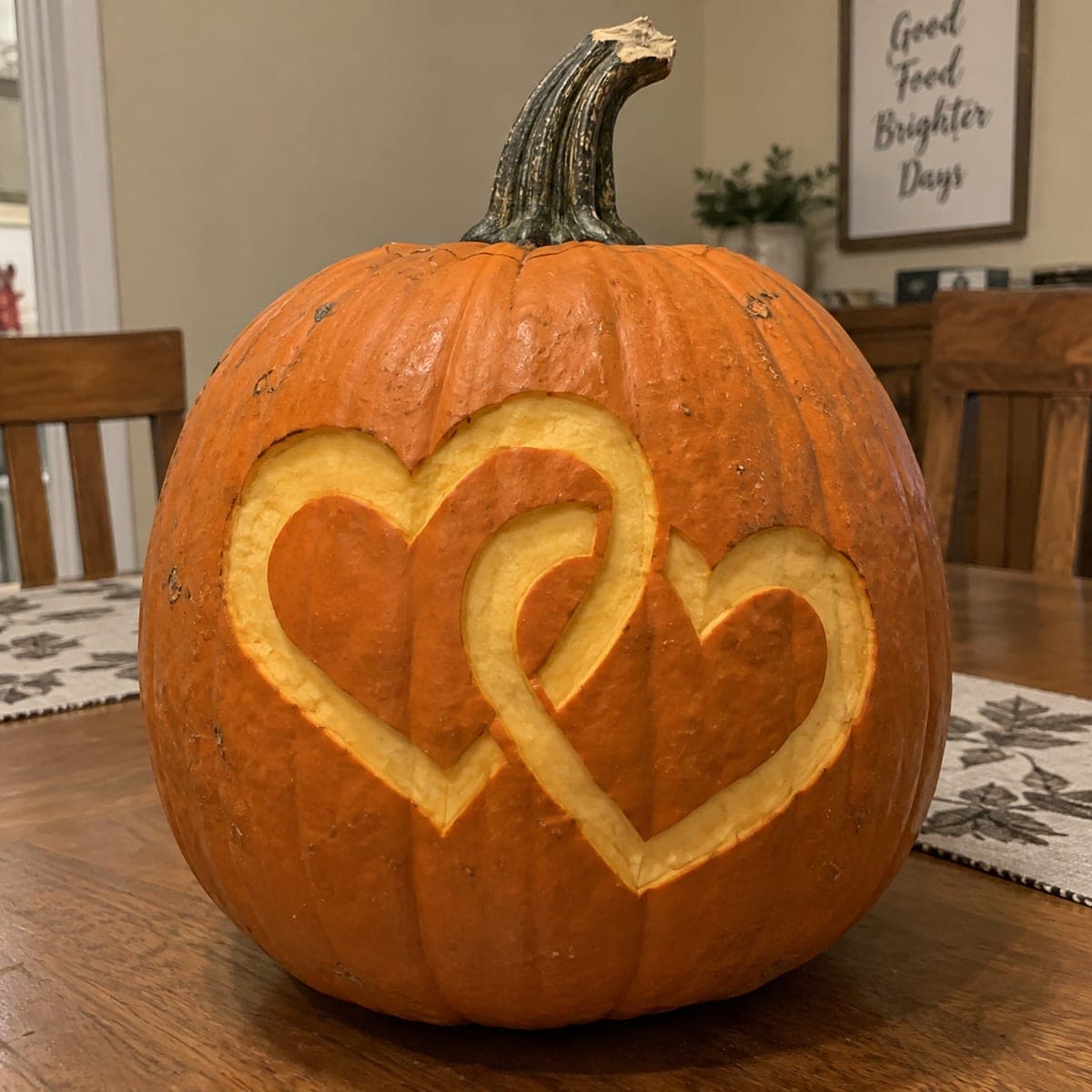 Interlocking Double Hearts Etched Pumpkin Design