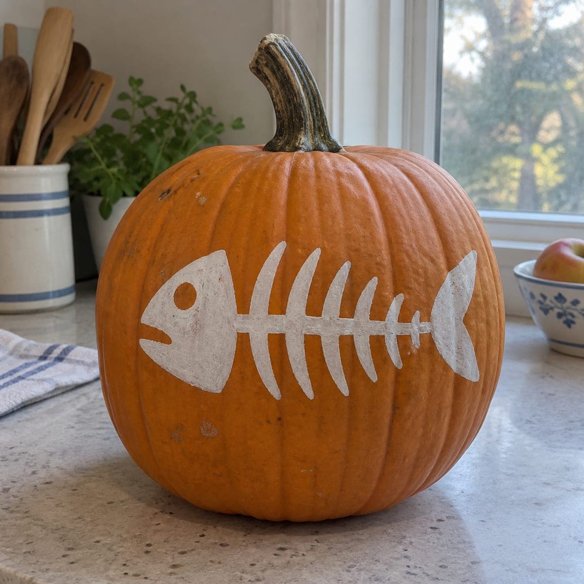 White Fish Skeleton No-Carve Pumpkin Design