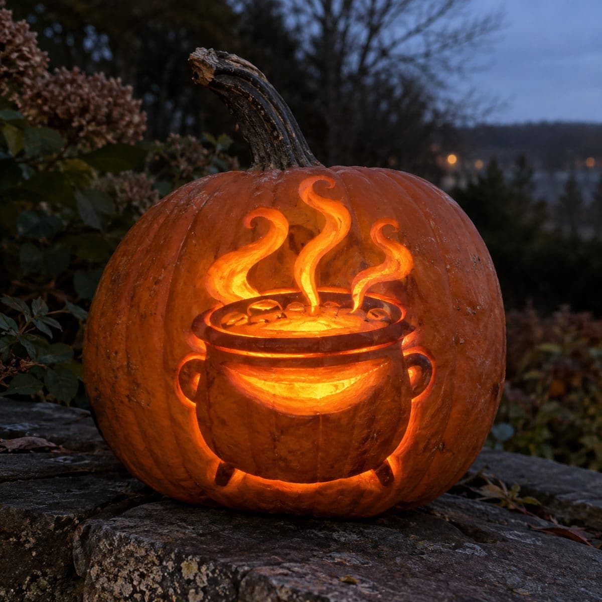 Steaming Cauldron Pumpkin Carving Glowing at Dusk