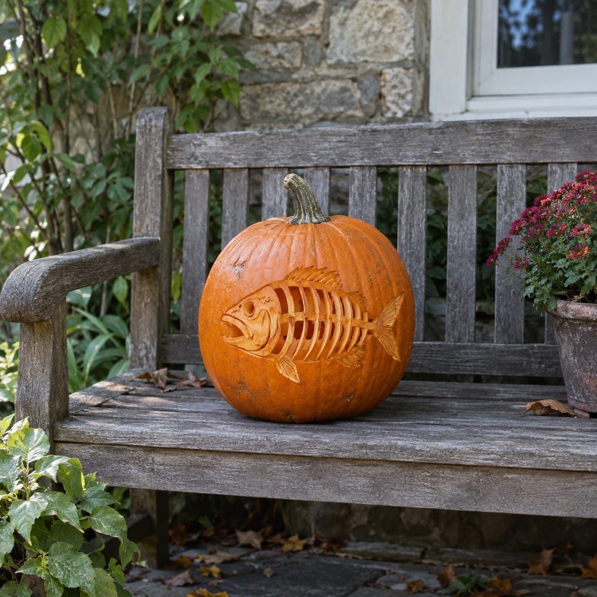 Carved Fish Skeleton Pumpkin With Dimensional Bones
