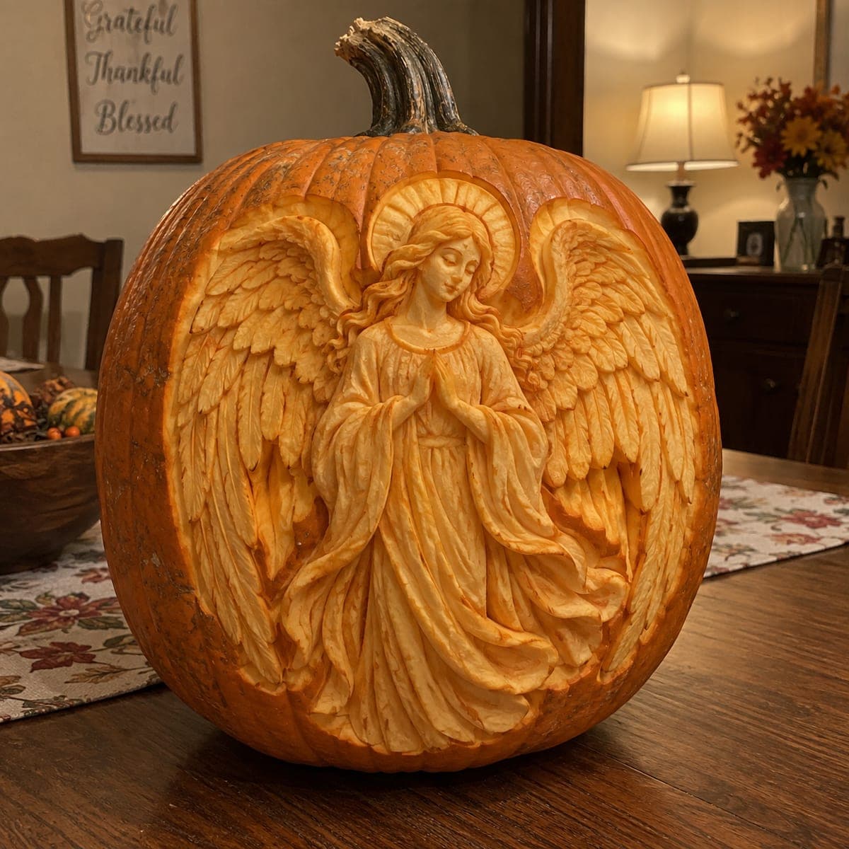 Praying Angel With Feathered Wings Pumpkin Relief