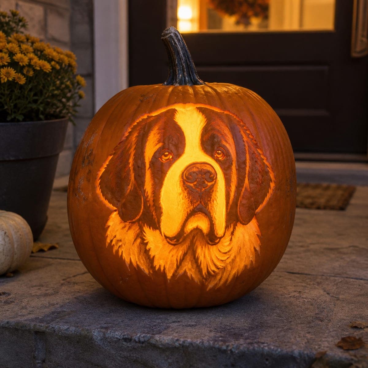Saint Bernard Dog Portrait Glowing Pumpkin Carving