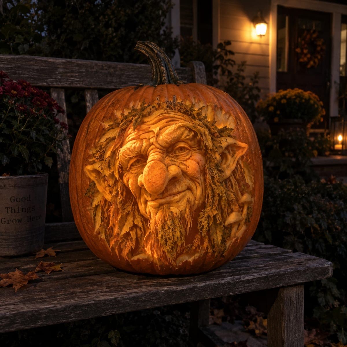 Mossy Forest Troll Face Pumpkin Sculpture