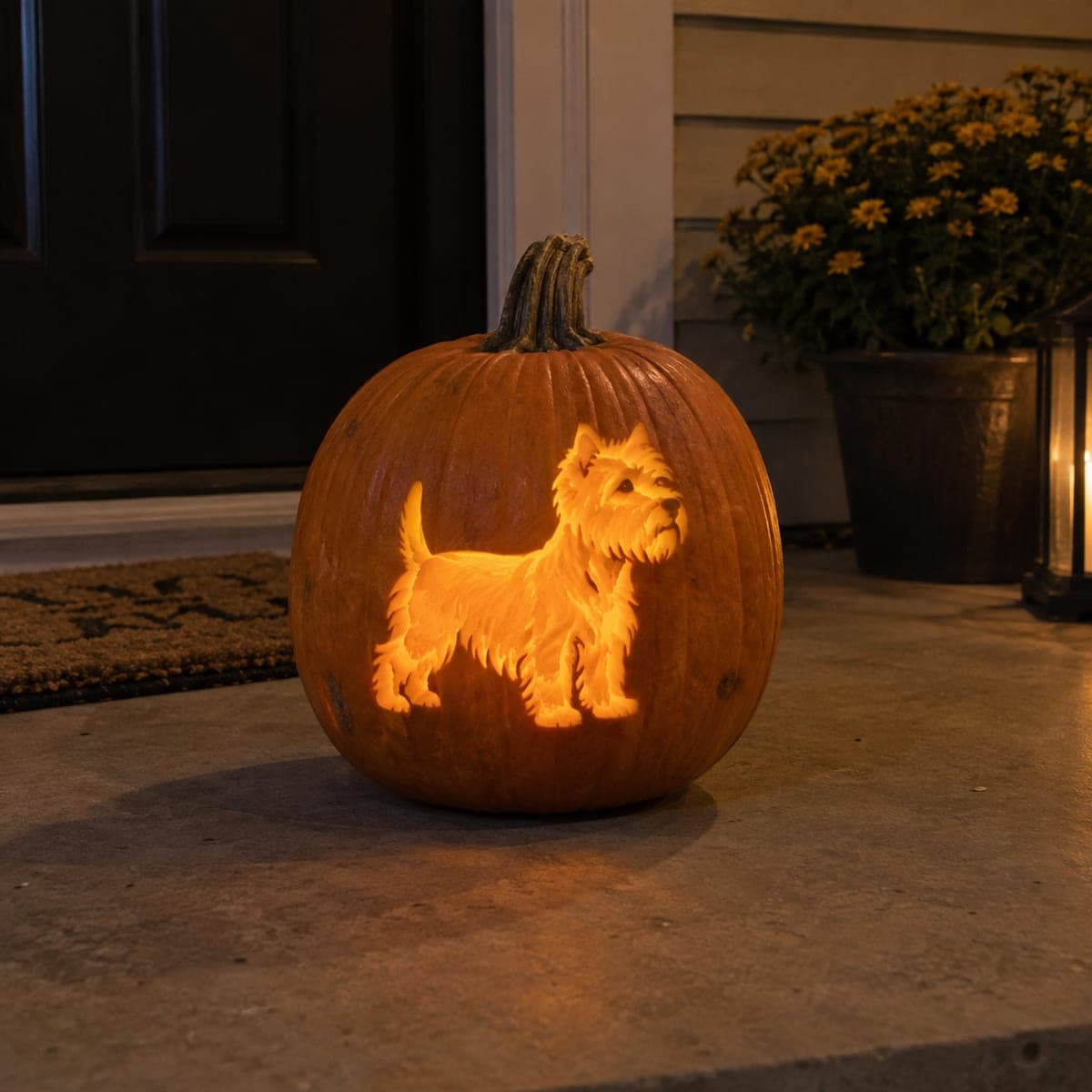 Westie Dog Jack-O-Lantern Glowing on the Porch