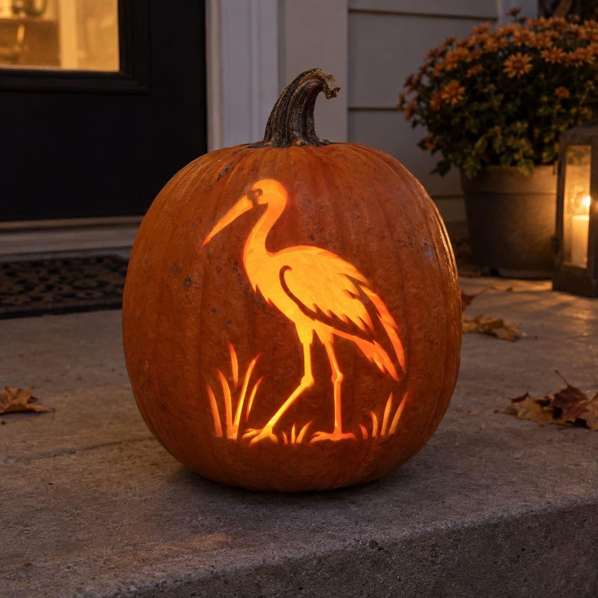 Marsh Heron Cutout Pumpkin With Glowing Grass