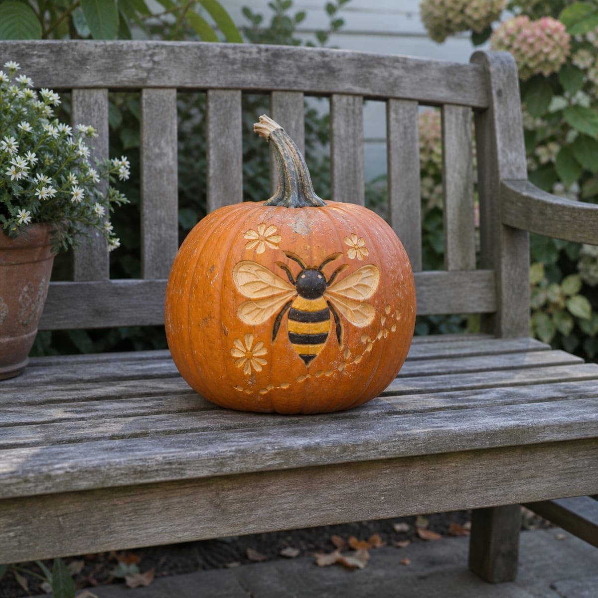 Honeybee and Flower Blossom Carved Pumpkin