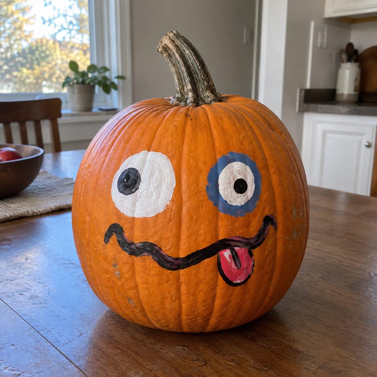 Goofy Cross-Eyed Face Painted Pumpkin With Tongue