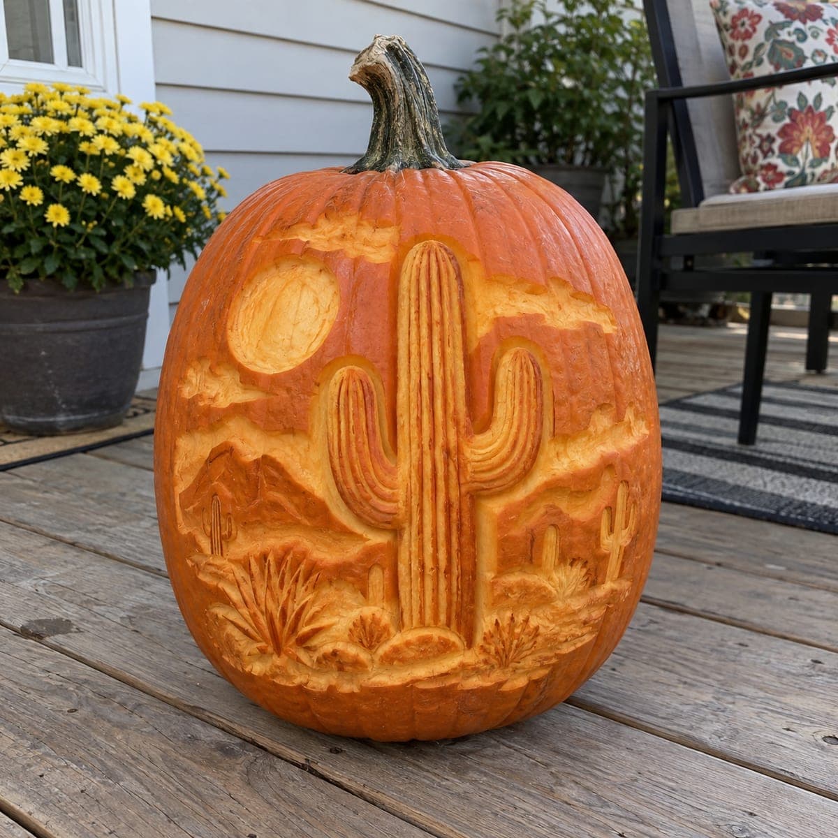 Desert Saguaro Cactus Scene Relief Pumpkin