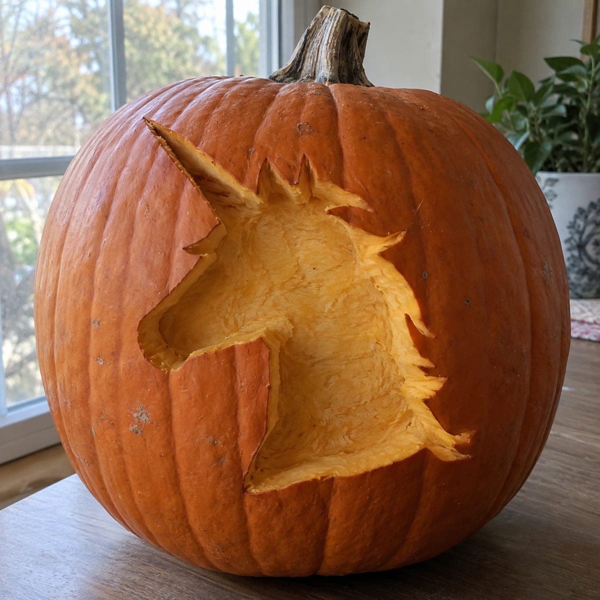Unicorn Bust Etched Pumpkin With Flowing Mane