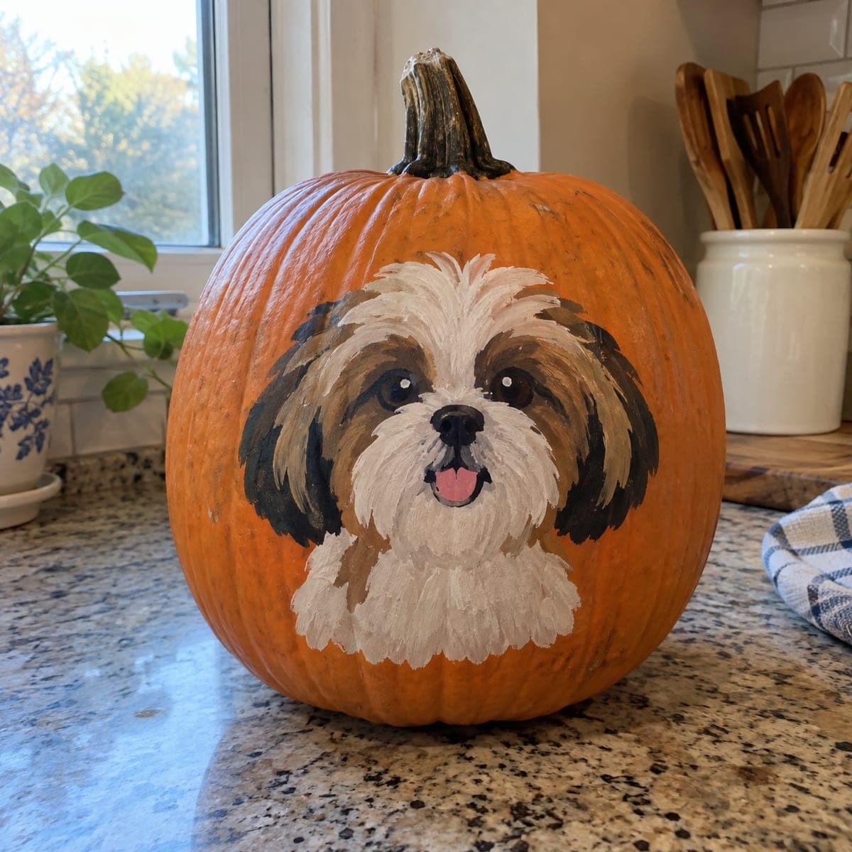 Fluffy Shih Tzu Dog Painted Pumpkin Portrait