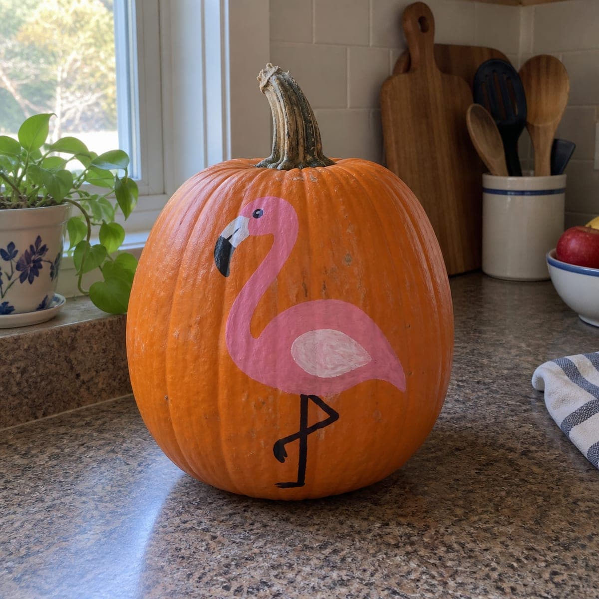 Pink Flamingo Painted No-Carve Pumpkin