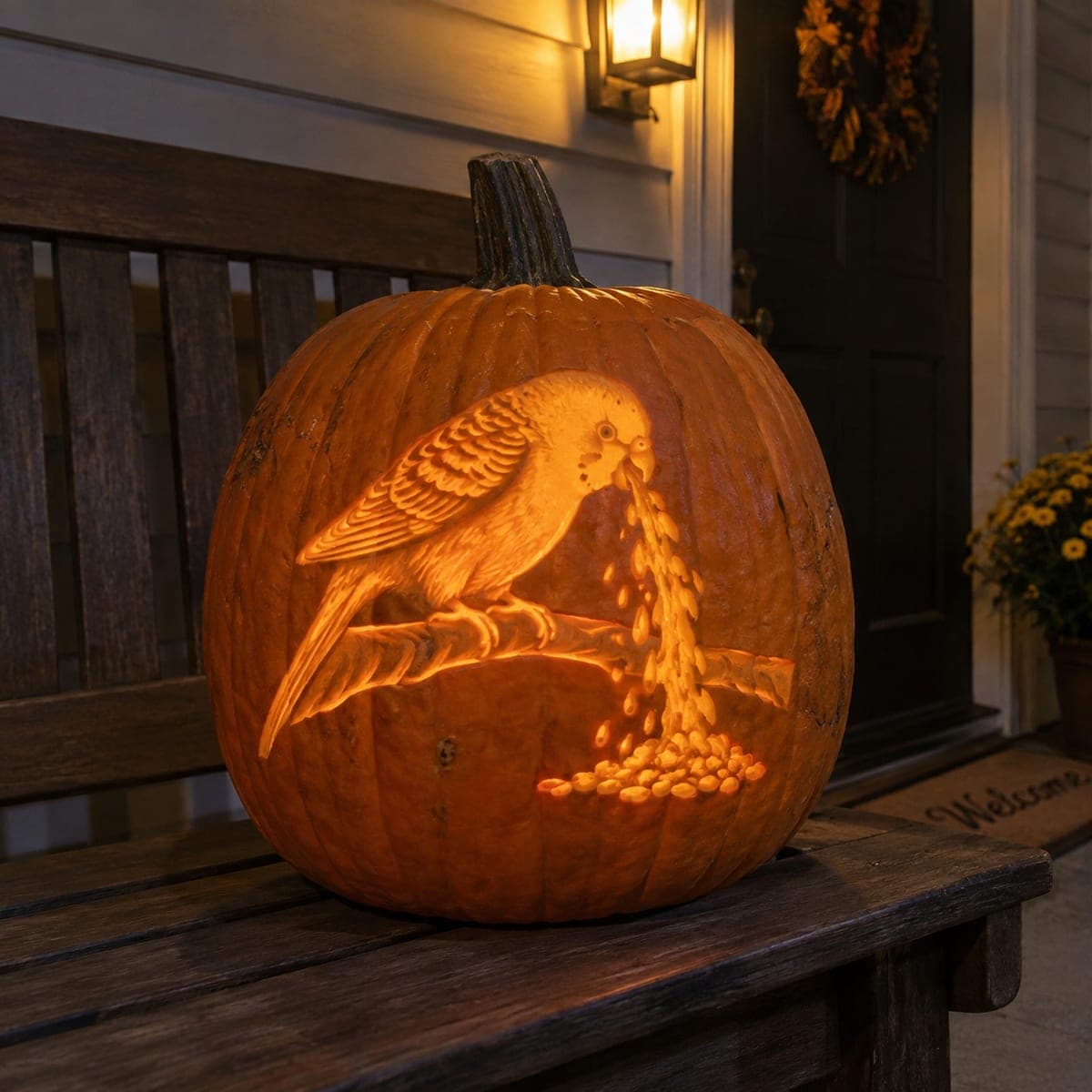 Parakeet Spilling Seeds Etched Pumpkin Scene