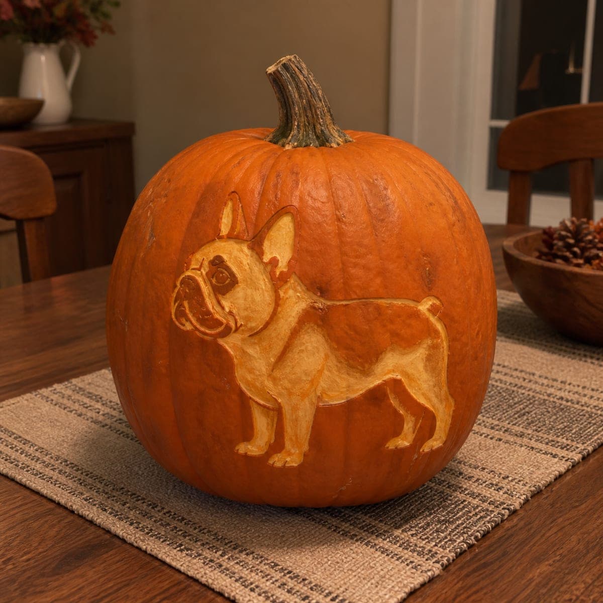 French Bulldog Etched Pumpkin Design