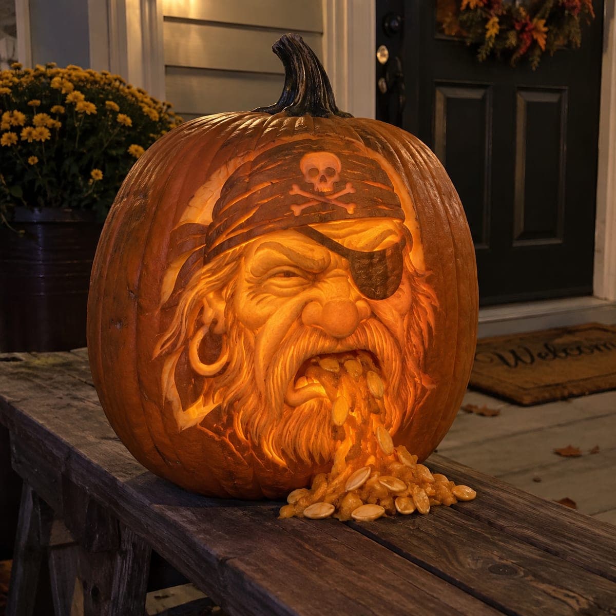 Puking Pirate Pumpkin With Skull Bandana