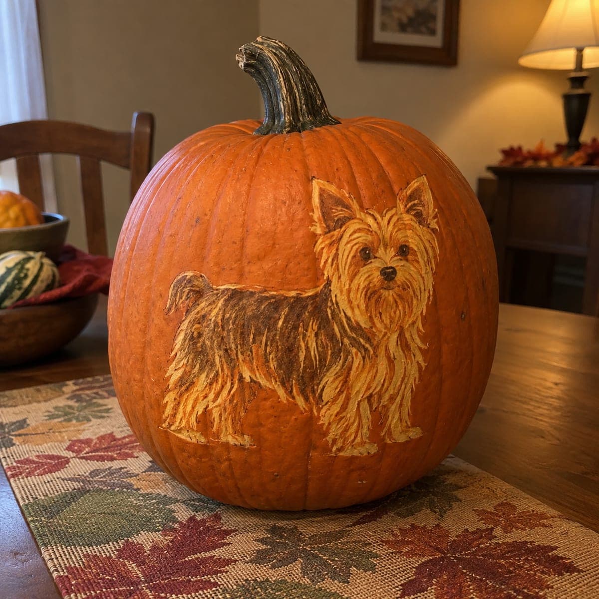 Standing Long Haired Yorkie Painted Pumpkin