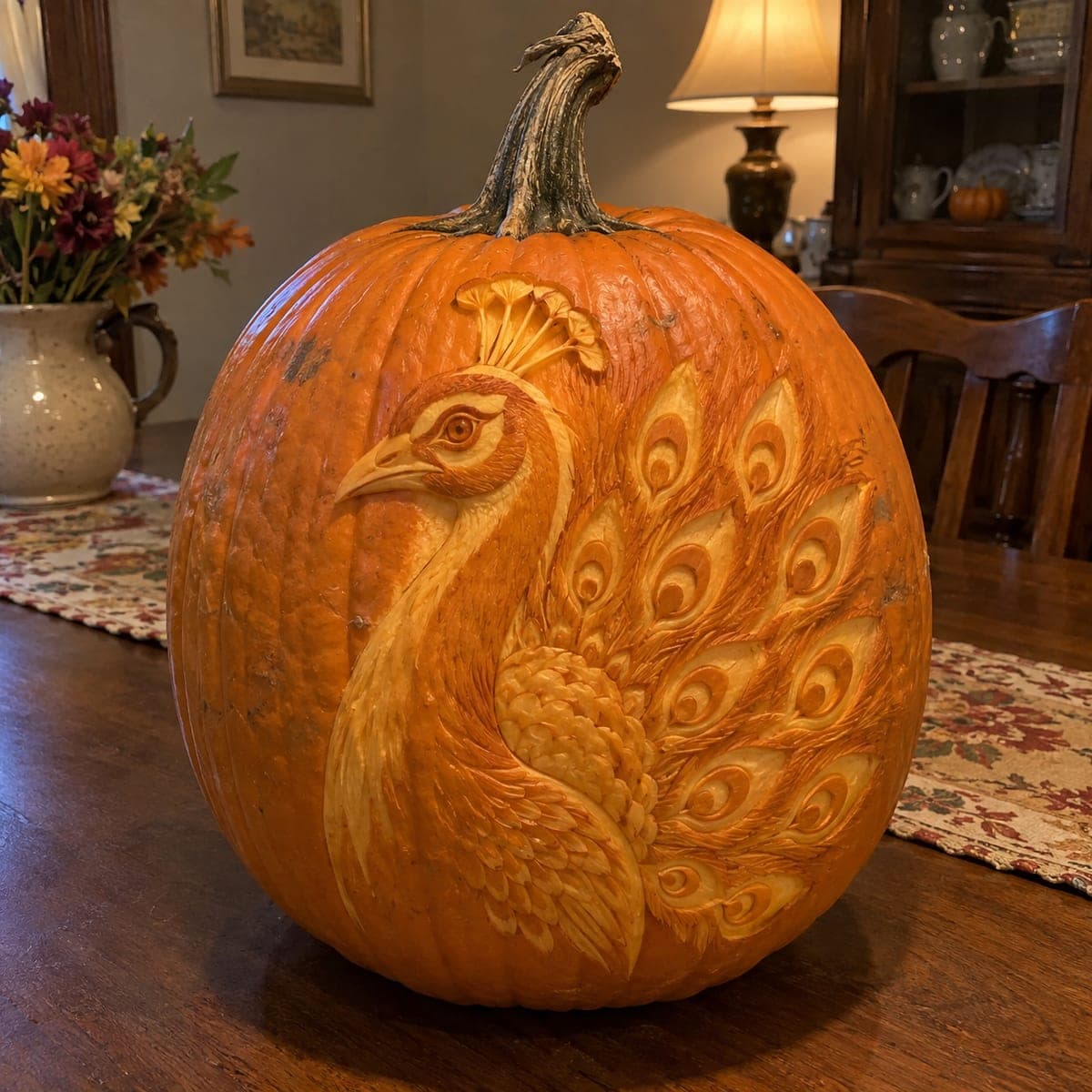 Peacock Feather Fan Relief Pumpkin