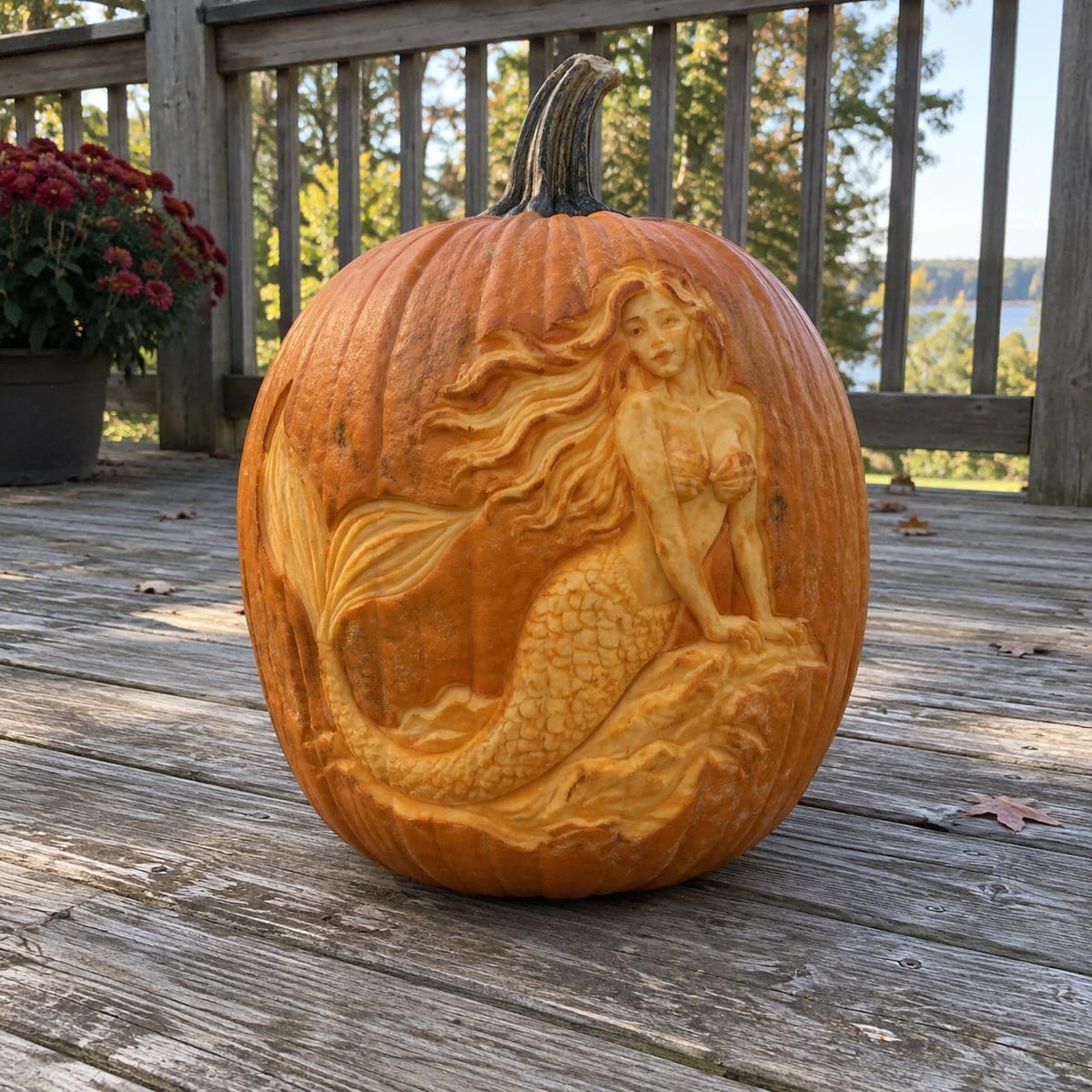 Mermaid Relief Pumpkin Carving Masterpiece