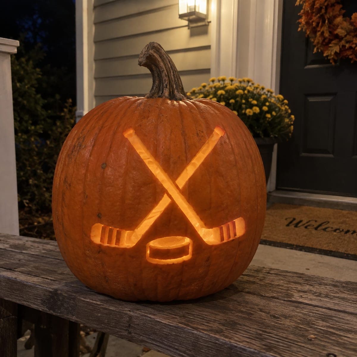 Crossed Hockey Sticks and Puck Jack-O-Lantern